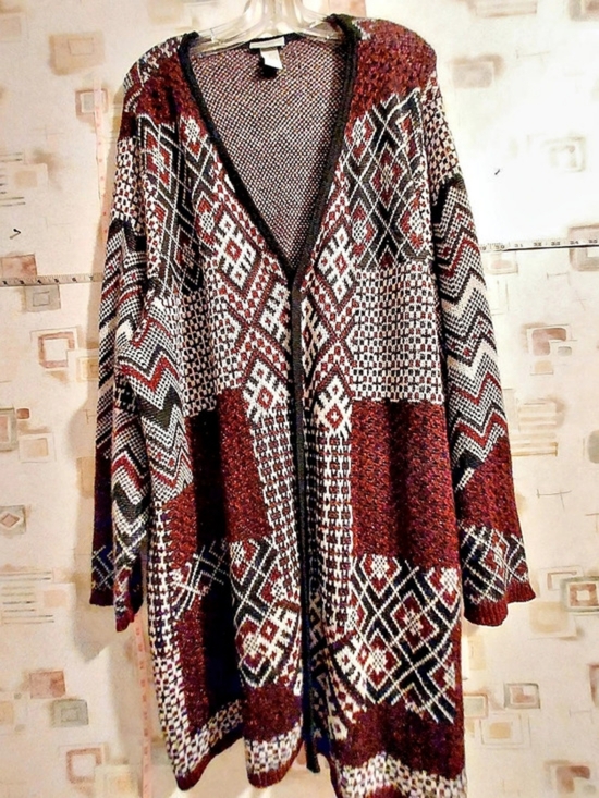 Catherines Sweaters - Catherines Geometric Open Front Cardigan in Burgundy & Black Size 3X